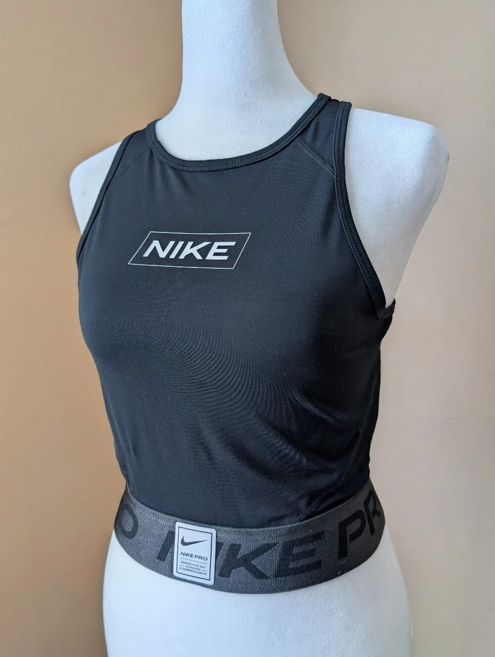 Nike Pro Dri-FIT Graphic Crop Tank Top Black White Logo Size S
